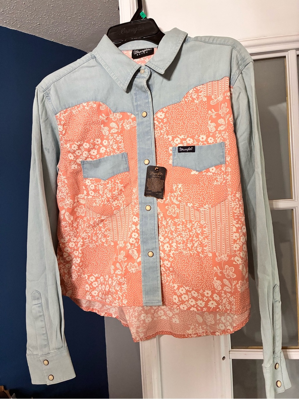 Wrangler Coral Floral Front with Light Blue Denim Trim Shirt